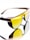 A pair of sunglasses with yellow tinted lenses and a dark brown frame. The design features perforated details on the frame corner near the temples. The reflective surface beneath them creates a mirrored effect, enhancing the visual impact.