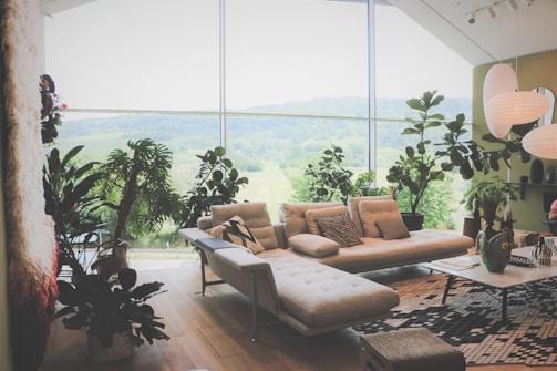 A stylish apartment living room featuring warm lighting and comfortable seating, with a view of a leafy neighborhood.