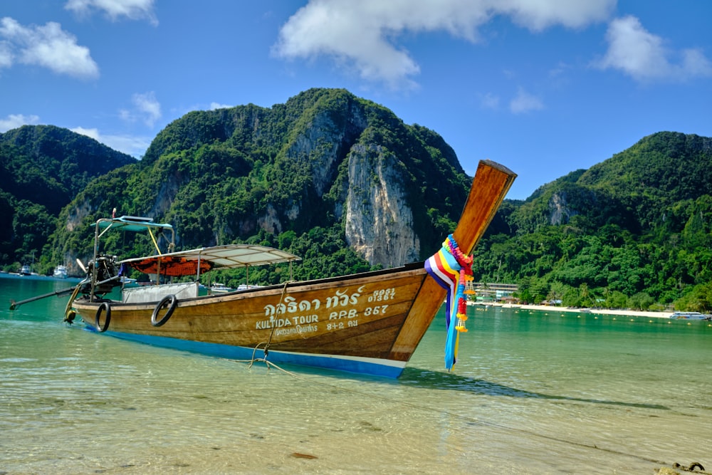 brown wooden boat on sea shore during daytime