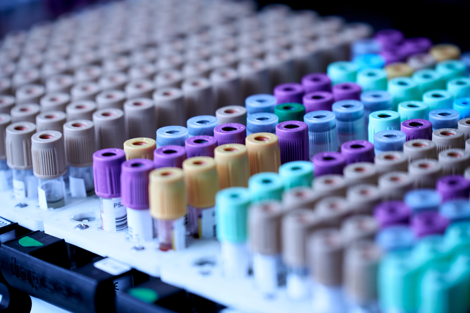 Colour-coded vacutainer blood collection tubes barcoded for the lab