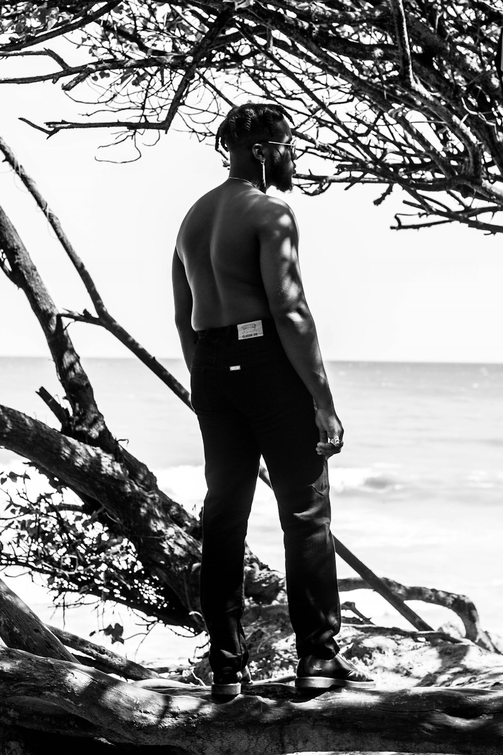 昼間、海近くの木の枝の上に立つ黒いズボンのトップレスの男