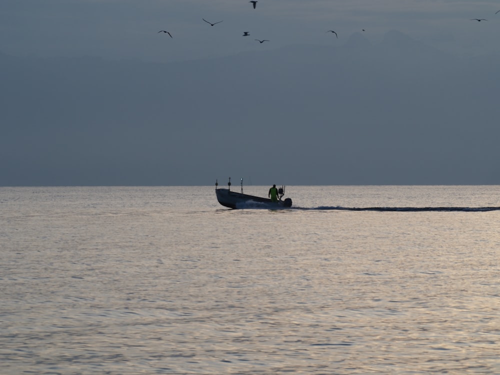 silhouette of man riding on boat on sea during daytime