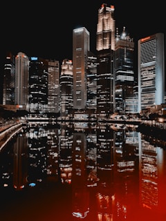 Night view of a city skyline with illuminated buildings reflecting modern progress.