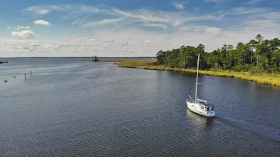 A sailboat glides through a calm expanse of water, bordered by lush greenery on one side and a clear blue sky above. The tranquil scene captures the essence of nautical leisure.