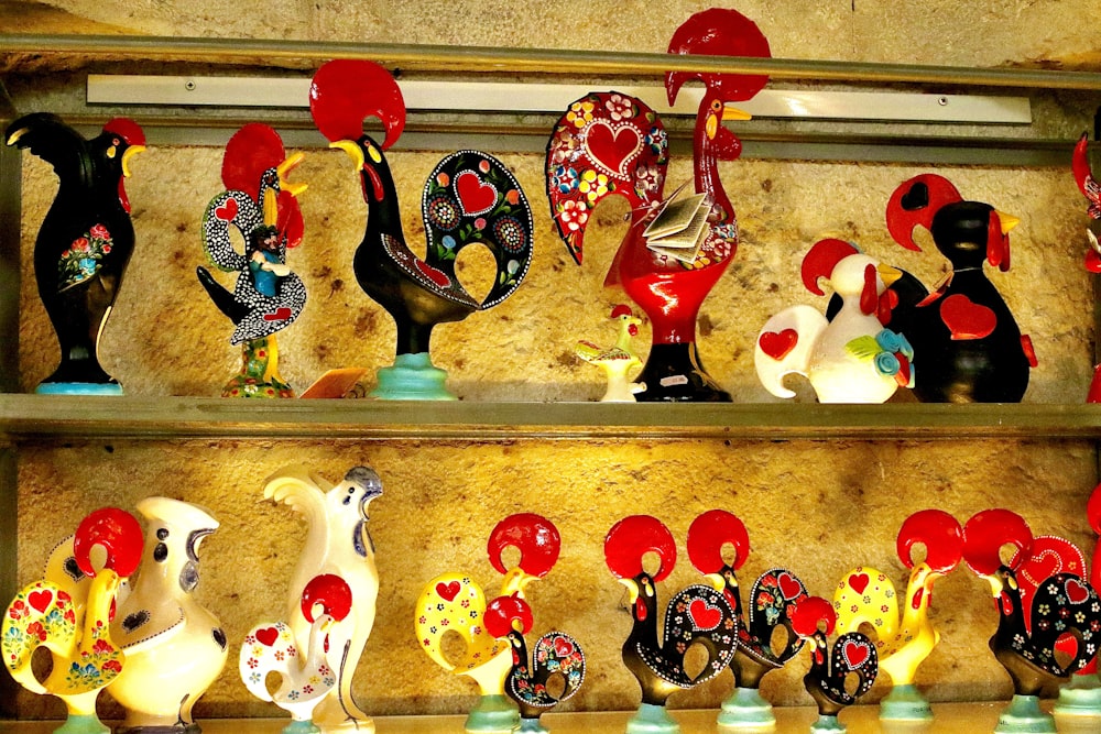 red white and black ceramic figurines