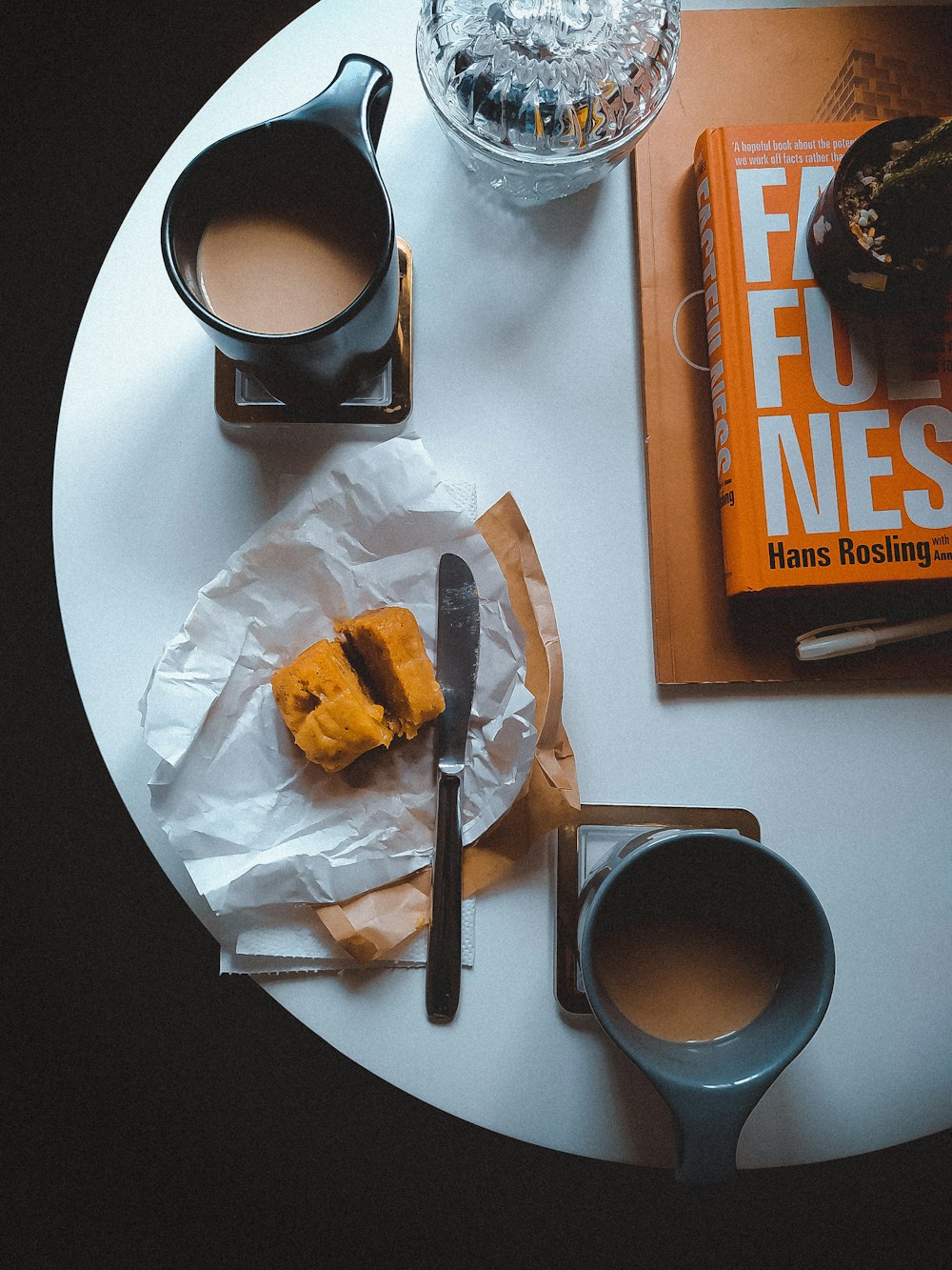 black ceramic mug on white ceramic plate