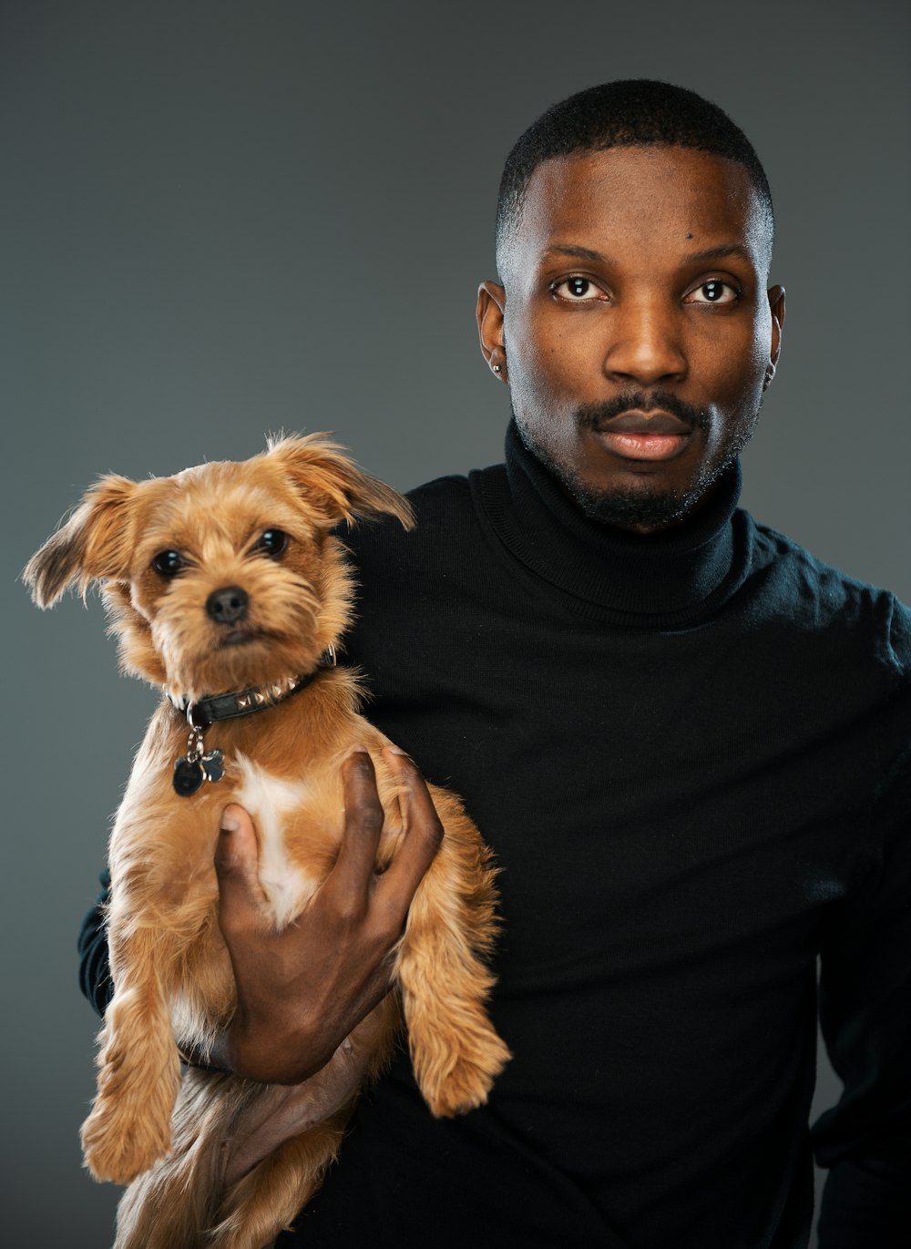 man in black crew neck shirt carrying brown long coated small dog