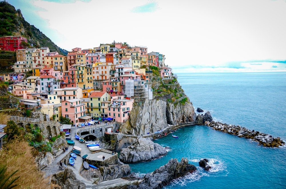 houses on cliff near body of water during daytime