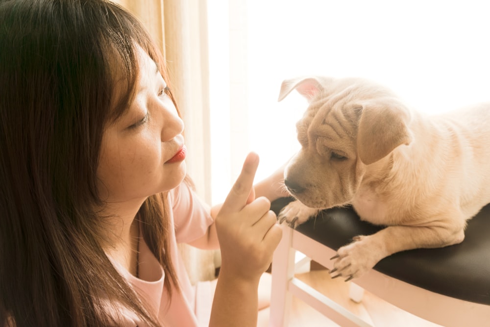 woman in teal shirt holding brown short coated dog