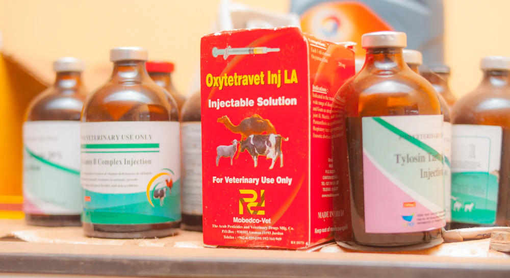 Veterinary injectable medicines for poultry and livestock on a shelf
