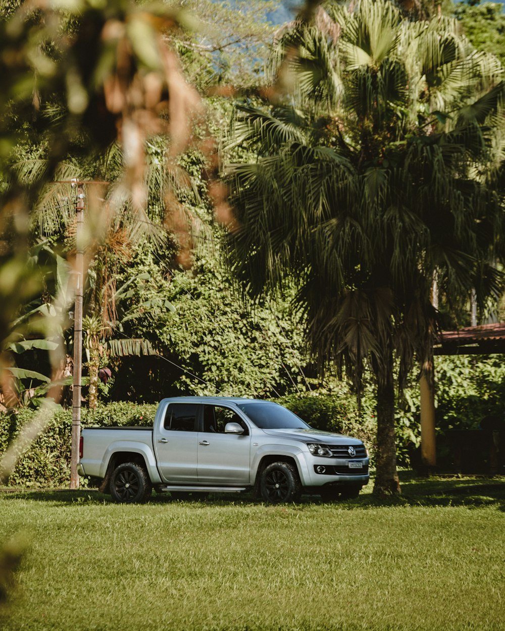 Weißer und blauer Chevrolet Crew Cab Pickup Truck tagsüber auf grünem Rasen geparkt