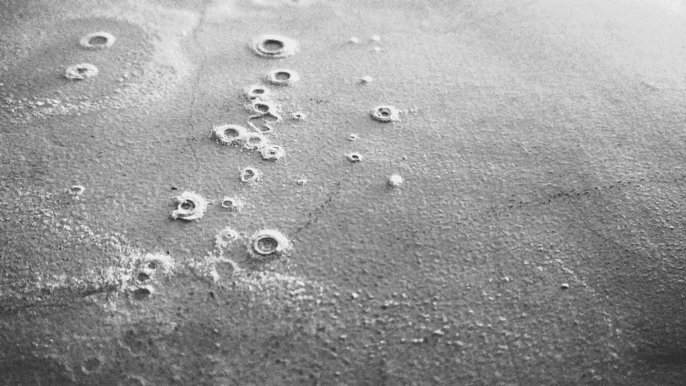 grayscale photo of water droplets on sand