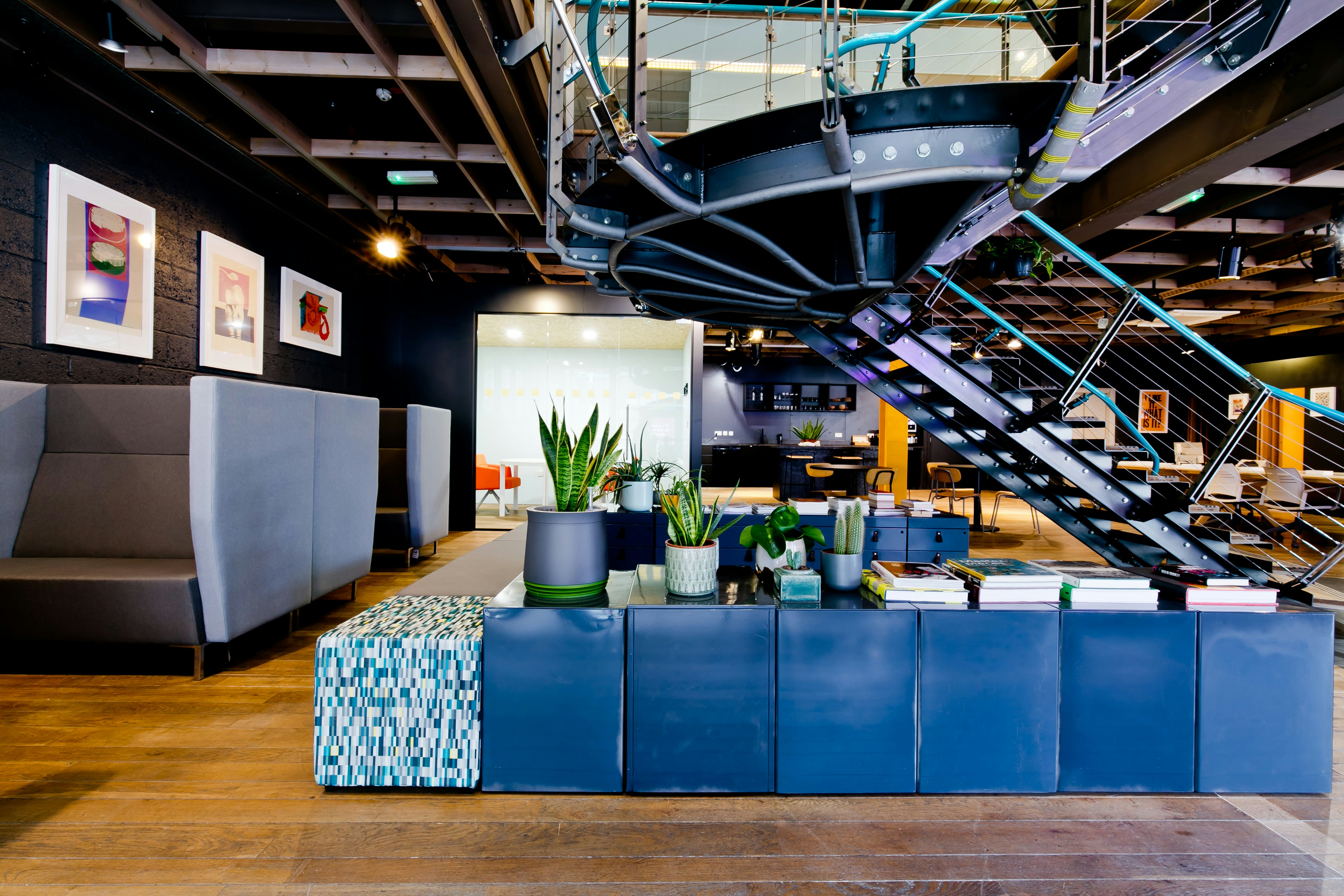 blue and white tiled room