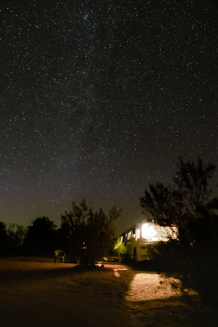 A night view of Sinai Nexus vehicles lined up, illuminated softly by desert stars and camp lights.