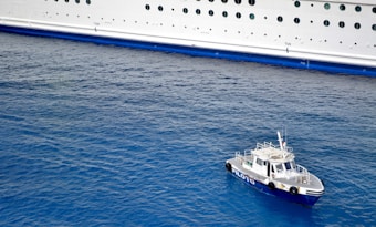 A small pilot boat navigates alongside a large white cruise ship. The ocean water is a rich blue, contrasting with the bright hull of the ship. The pilot boat is labeled 'PILOTO' and is equipped with several antennas and safety equipment.