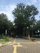 A paved pathway lined with large trees on either side, creating a canopy of greenery. The path has a yellow tactile paving strip running through its center. Two people can be seen walking down the pathway, surrounded by lush plants and well-maintained hedges. A road runs parallel to the pathway with street lamps present.