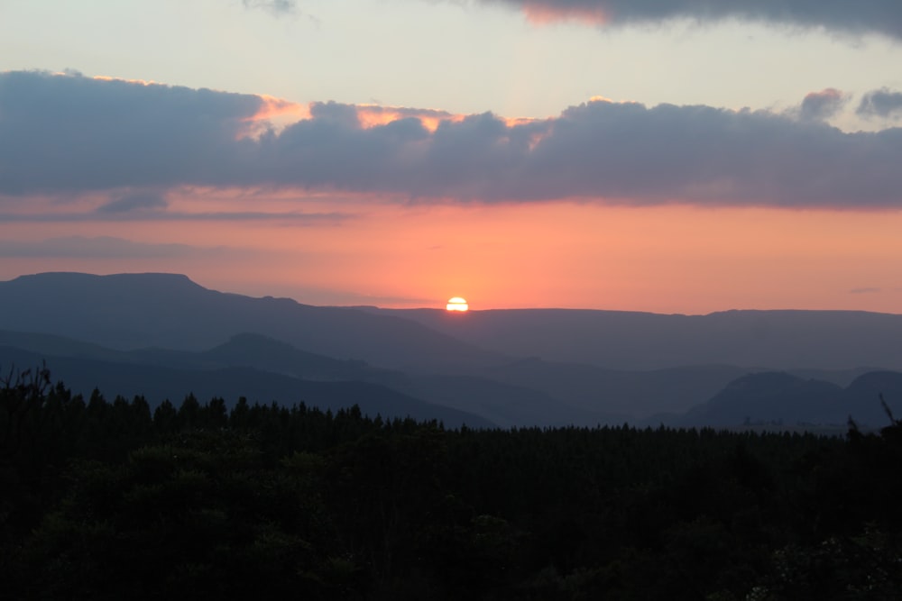 green trees and mountains during sunset