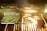 A barbecue grill with a variety of food items being cooked. There are asparagus spears in a perforated metal tray, sausages on the grill, and pieces of meat that are sizzling under a bright flame. Portobello mushrooms are grilled on a rack above the main surface.