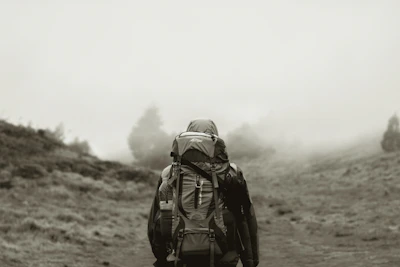 A focused guide leading a lone hiker through a quiet alpine trail at dawn.