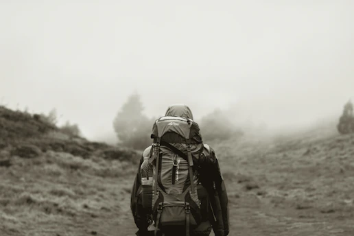 A serene Scandinavian mountain trail bathed in soft morning light with a lone hiker carrying a backpack.