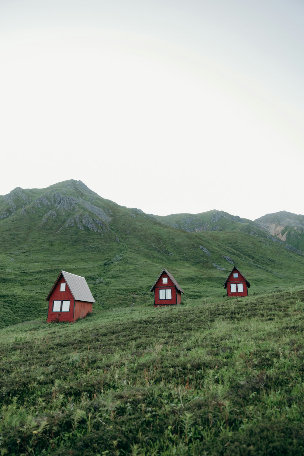 red and white house on green grass field near mountain during daytime