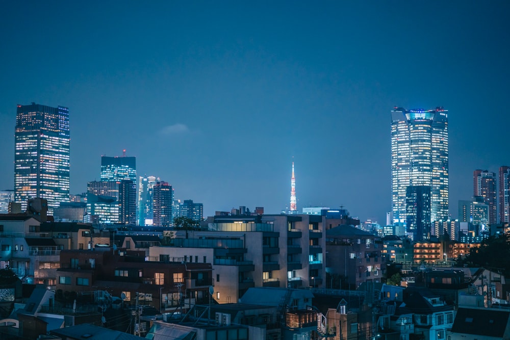 city skyline during night time