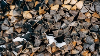 A neatly stacked pile of chopped firewood, with a dusting of snow scattered on top of the logs. The wood pieces vary in shade from light to dark brown, and the shapes are irregular, creating a textured and rustic appearance.