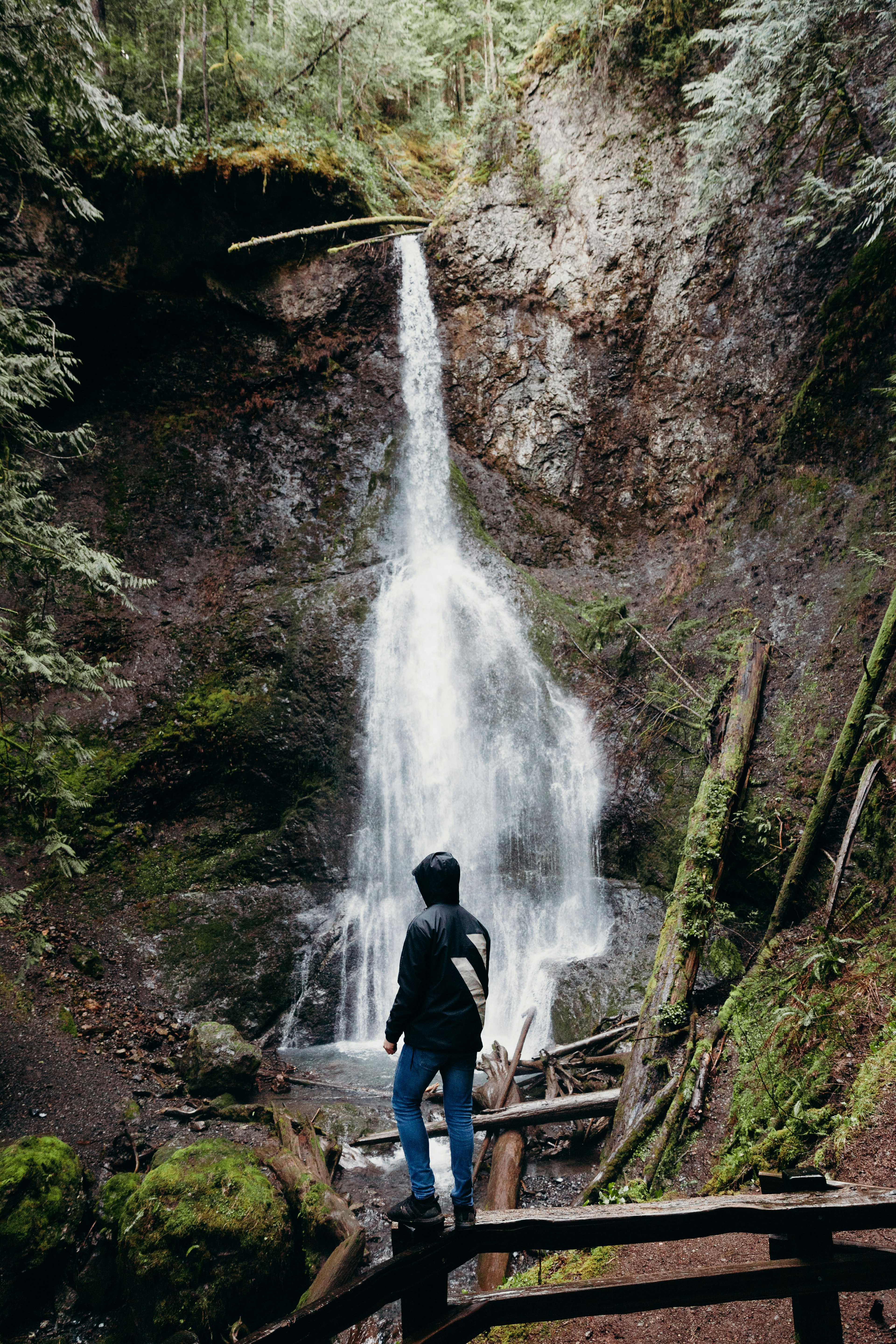 man in black jacket standing in front of waterfalls during daytime