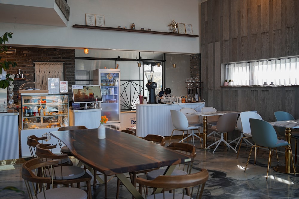 brown wooden table with chairs