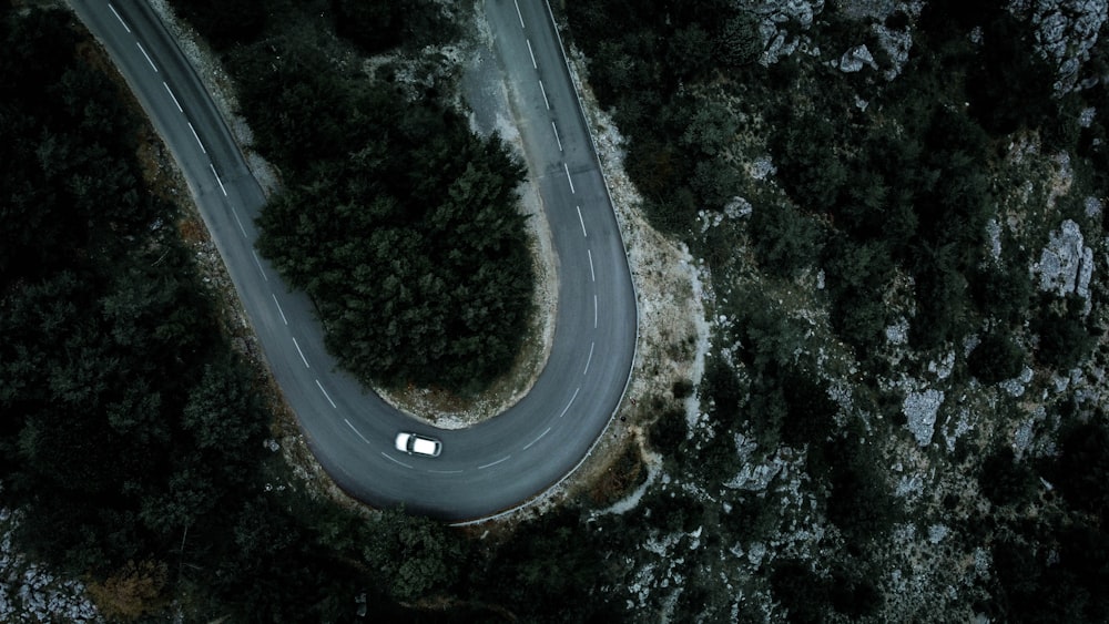birds eye view of a road in the middle of a forest