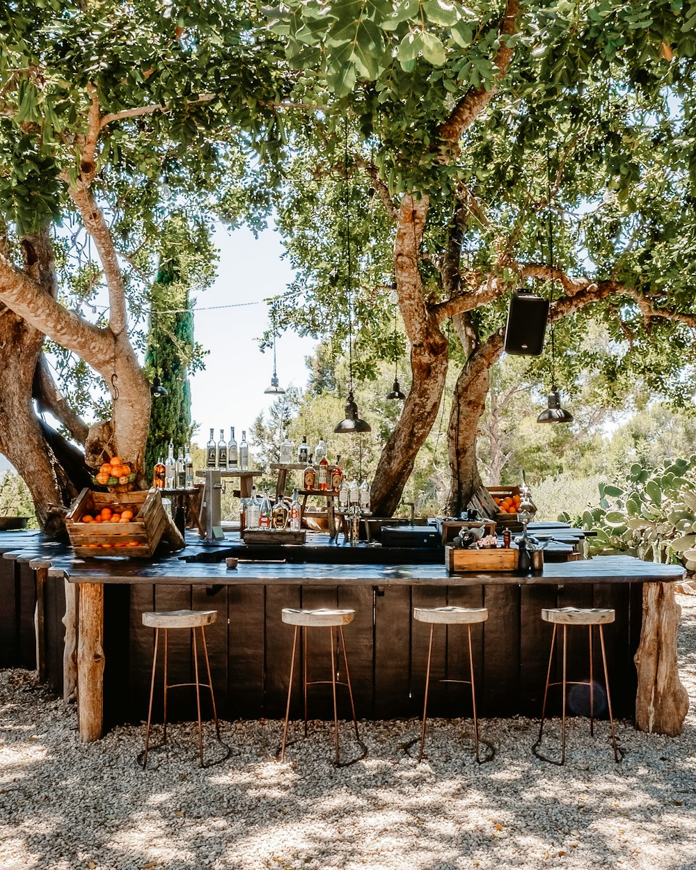 brauner Holztisch mit Stühlen und Bäumen