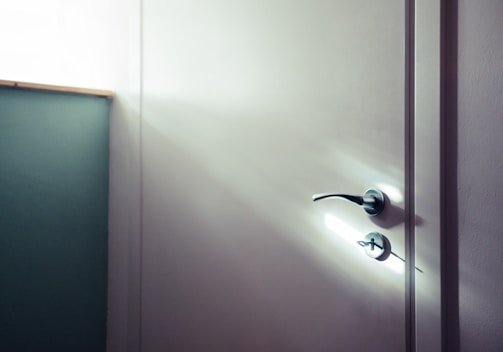 A sleek glass door installed in a modern living room with natural light streaming through.
