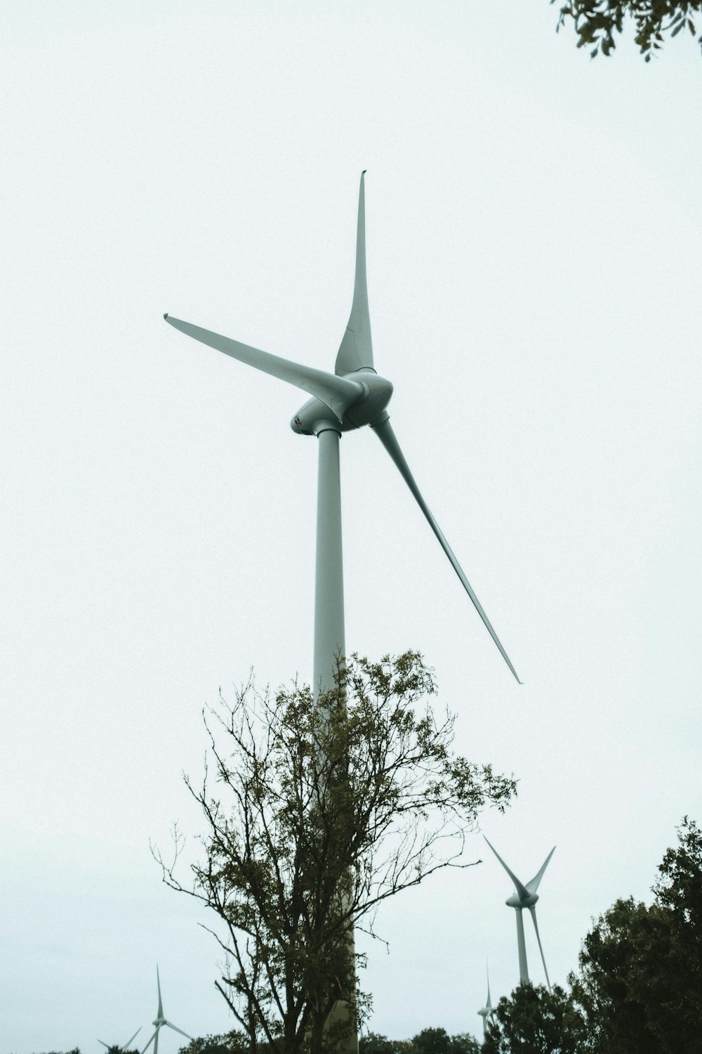 white wind turbine under white sky during daytime