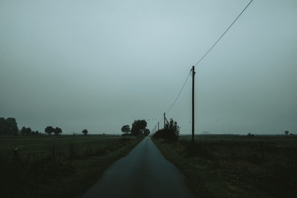 gray road between green grass field under gray sky