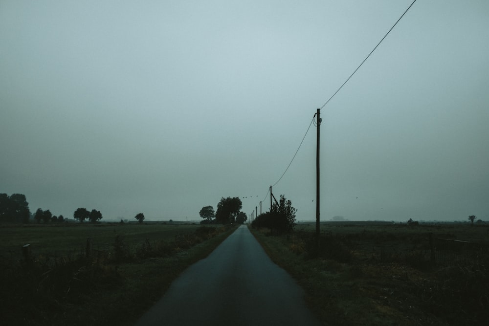 strada grigia tra il campo verde dell'erba sotto il cielo grigio