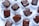 Several pieces of chocolate dessert are arranged on a white surface. Each piece is square-shaped, coated in glossy dark chocolate, and placed in crinkled white paper cups. The chocolate topping appears smooth with artistic drizzle patterns, and some smudges of chocolate can be seen on the cups.