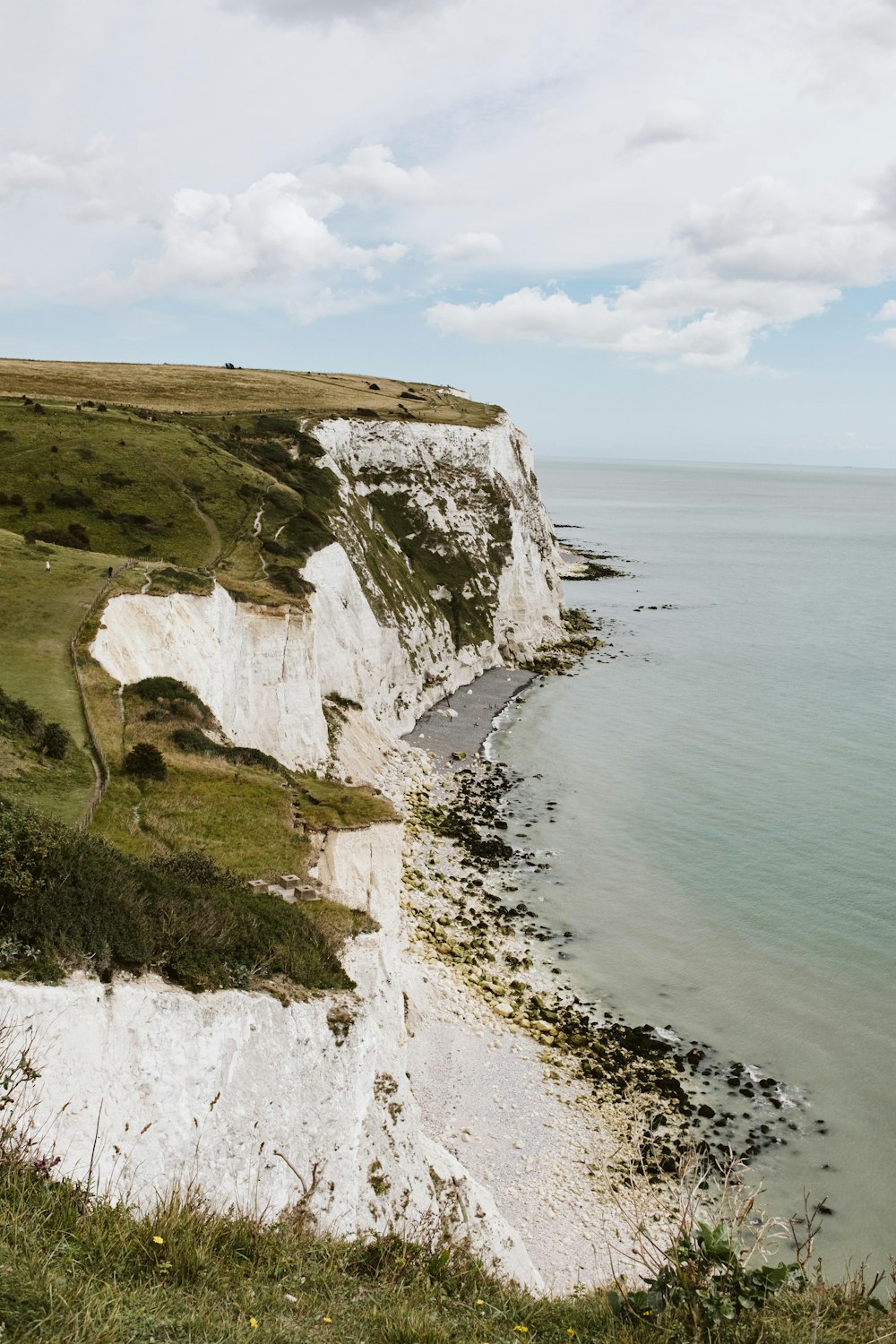 falaise brune et verte au bord de la mer pendant la journée