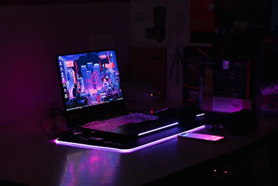 A futuristic neon-lit workspace showing a digital training session on e-commerce strategies.