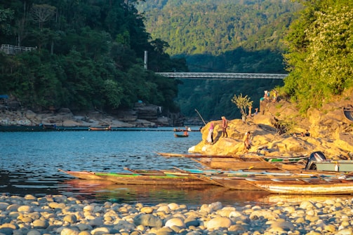 A serene riverside scene with several people engaging in leisurely activities on a rocky shore. Wooden boats are moored along the water's edge. The lush green forest and hills form a backdrop, with a steel bridge spanning the river in the distance.