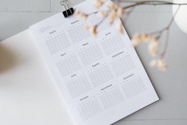 An open planner page displaying a calendar layout for the entire year, written in Spanish. Months are arranged in a grid format. A black binder clip is attached to the top of the page. A branch with delicate, dry flowers is blurred in the foreground, adding a soft touch. The background is neutral and minimalistic.