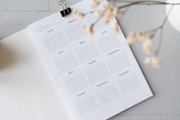 An open planner page displaying a calendar layout for the entire year, written in Spanish. Months are arranged in a grid format. A black binder clip is attached to the top of the page. A branch with delicate, dry flowers is blurred in the foreground, adding a soft touch. The background is neutral and minimalistic.