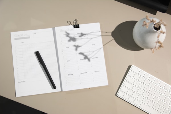 Minimal organized workspace with planner and calculator