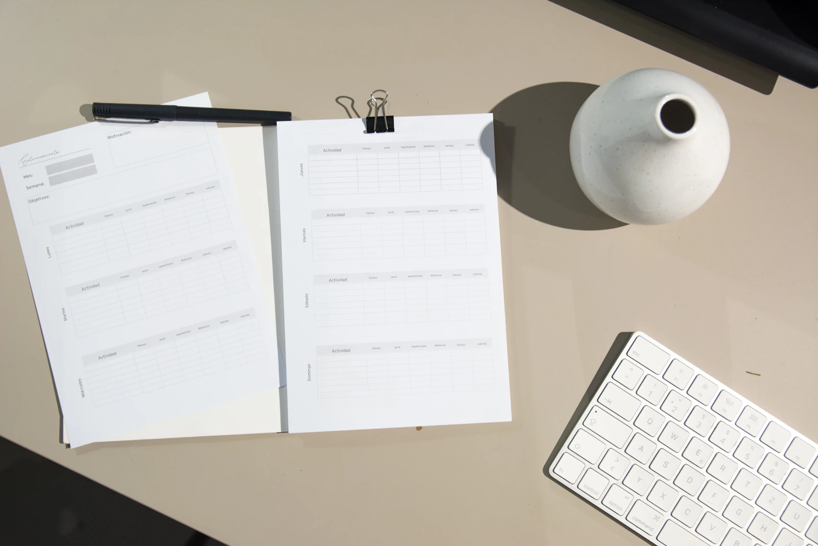 An open printed planner on a bright desk, its fields and columns laid out, with a pen and paper clips beside it