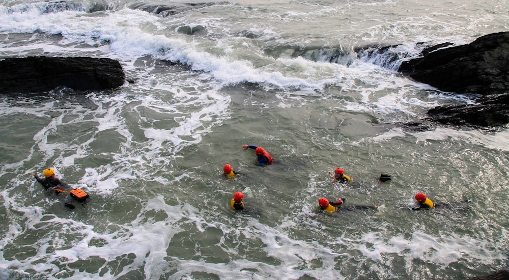 people swimming on body of water during daytime