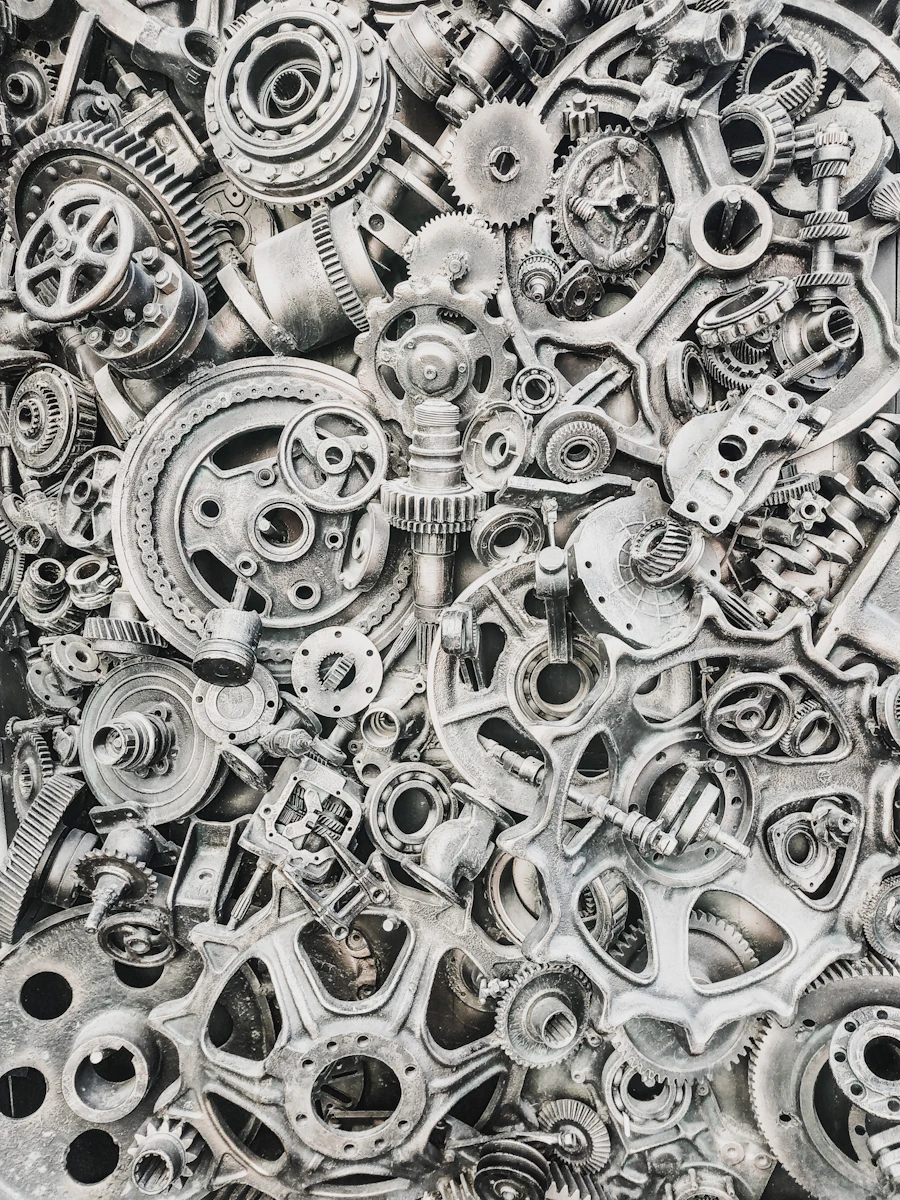 Dense collection of metal gears and machine parts