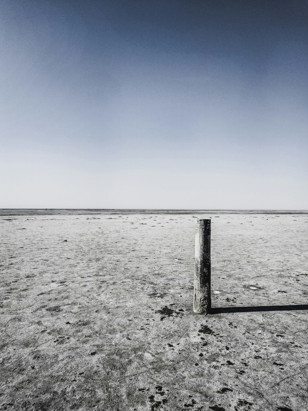 a black and white photo of a pole in the middle of a field
