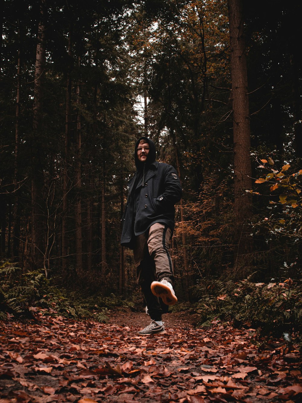 woman in black jacket and black pants standing on forest during daytime