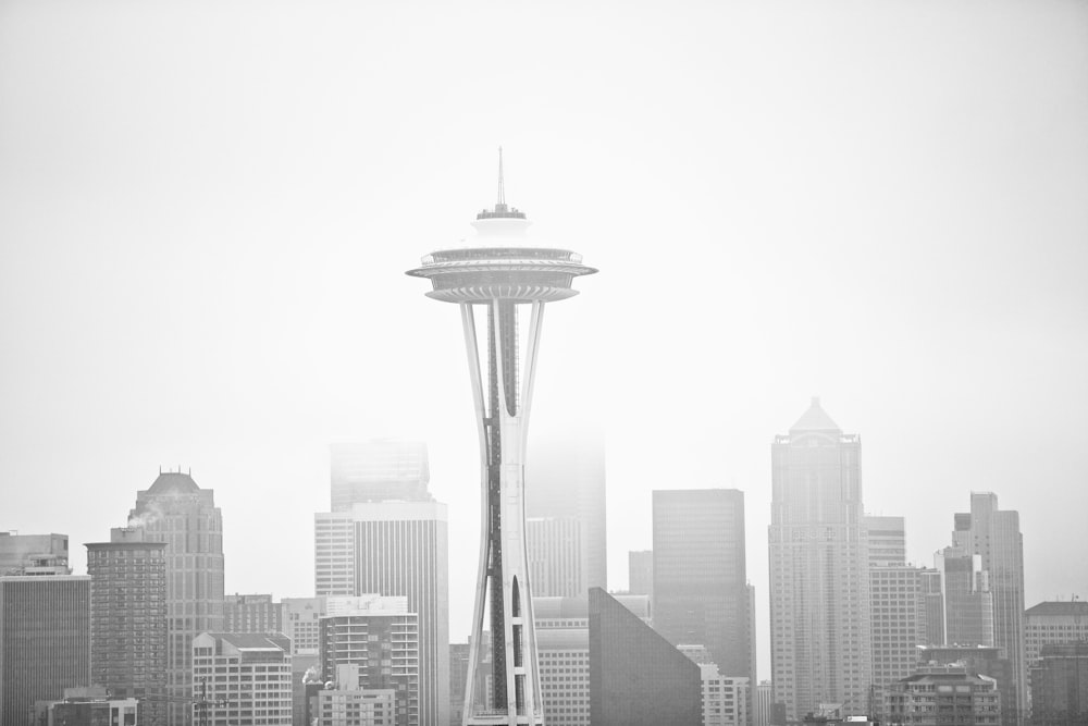 grayscale photo of high rise buildings