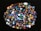 A collection of colorful, polished gemstones scattered on a dark surface. The stones have a variety of shapes, including triangles and ovals, with complex patterns and vibrant hues like blues, reds, yellows, and greens.