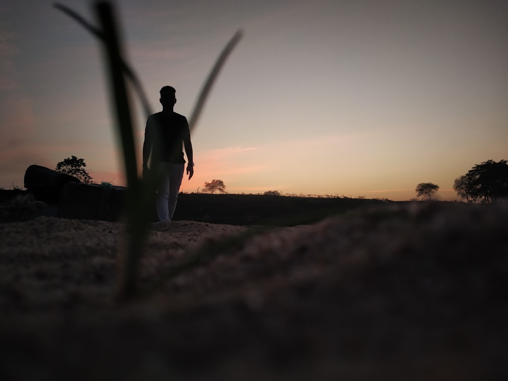 silhouette of person standing on ground during sunset